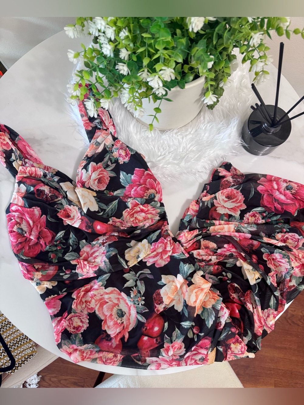Express Floral Mesh Ruched Bodycon Midi Dress Surplice V-neck Size - Small
